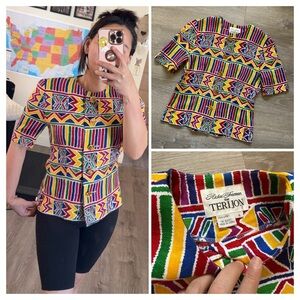 VINTAGE-Rickie freeman for TERIJON-Colorful Geometric Patterned Women's Top